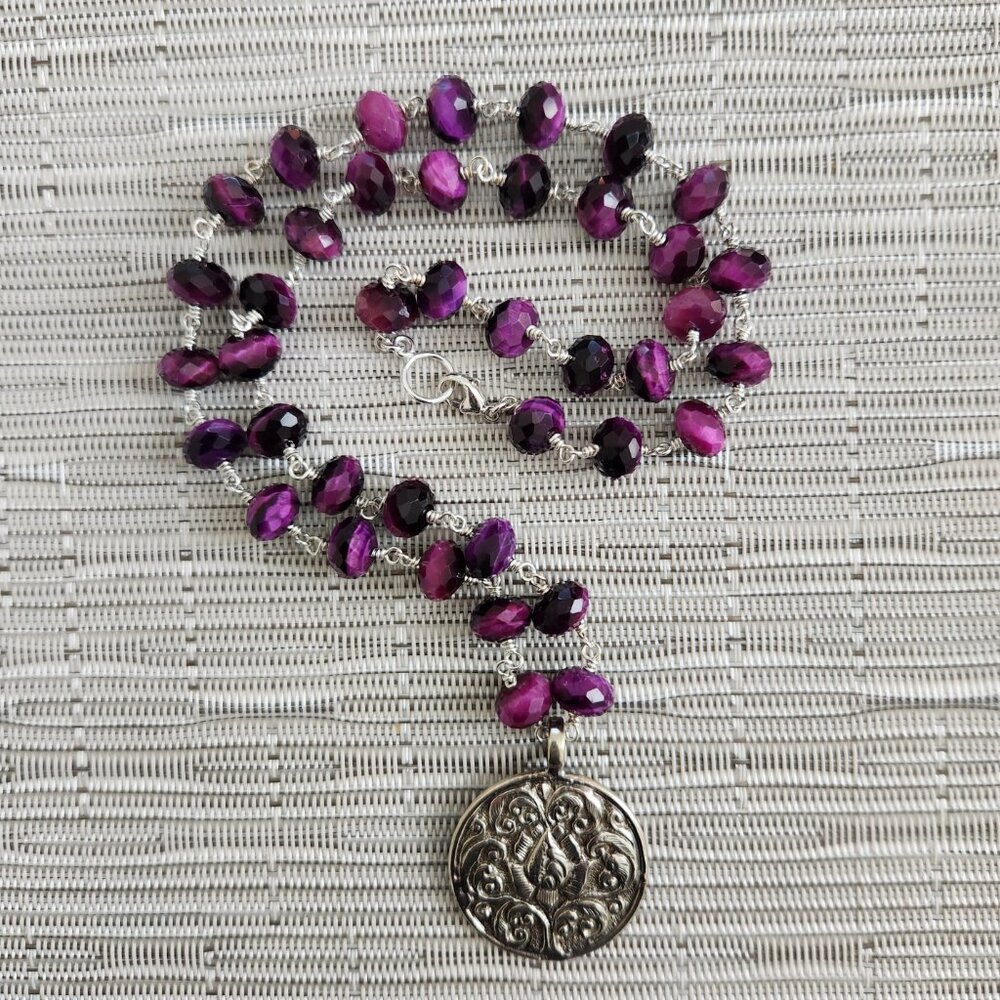 ELECTRIC PURPLE TIGERS EYE NECKLACE  HANDMADE